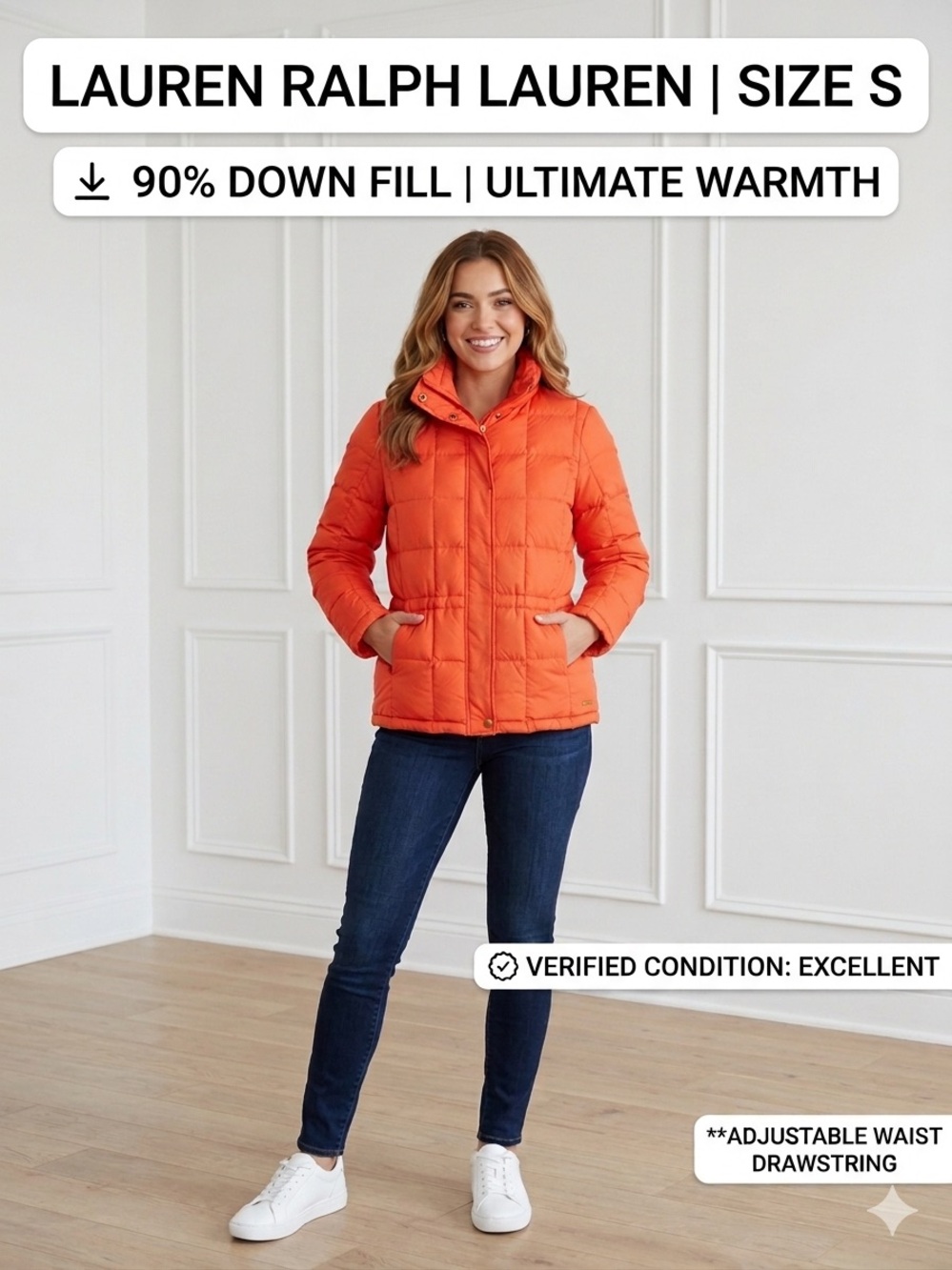 Lauren Ralph Lauren Orange Down Puffer Jacket - Size S